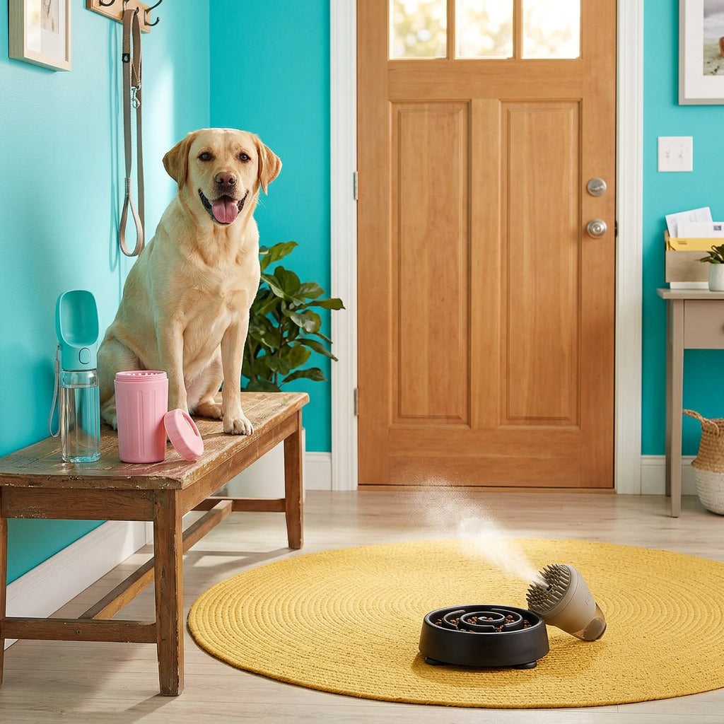 Labrador in an entryway with the Complete Care Set