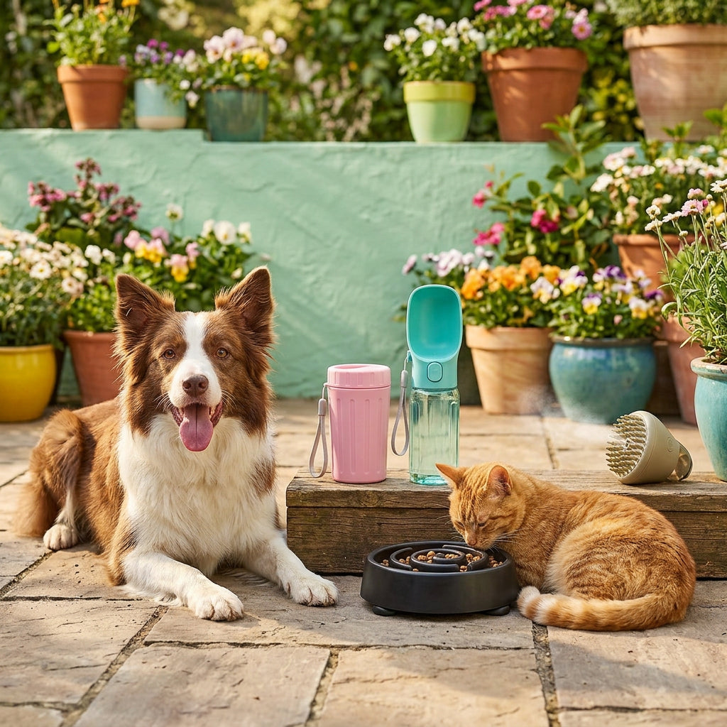 Border collie and cat on a patio with the Complete Care Set