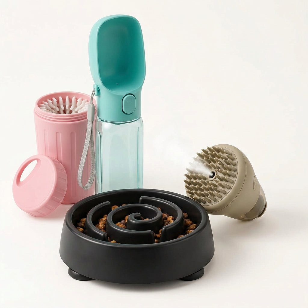 Complete Care Set: water bottle, spiral bowl, steam brush and paw cleaner