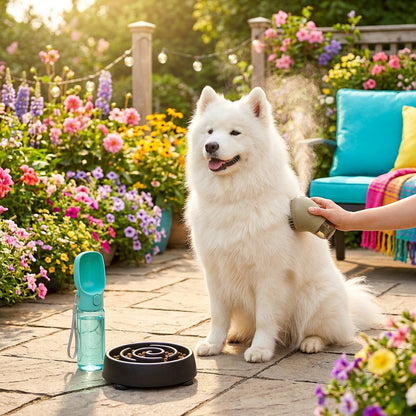 Brushing a Samoyed with the steam brush on a garden patio