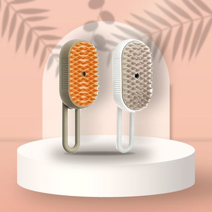 Steam Grooming Brush in khaki and white on a peach podium