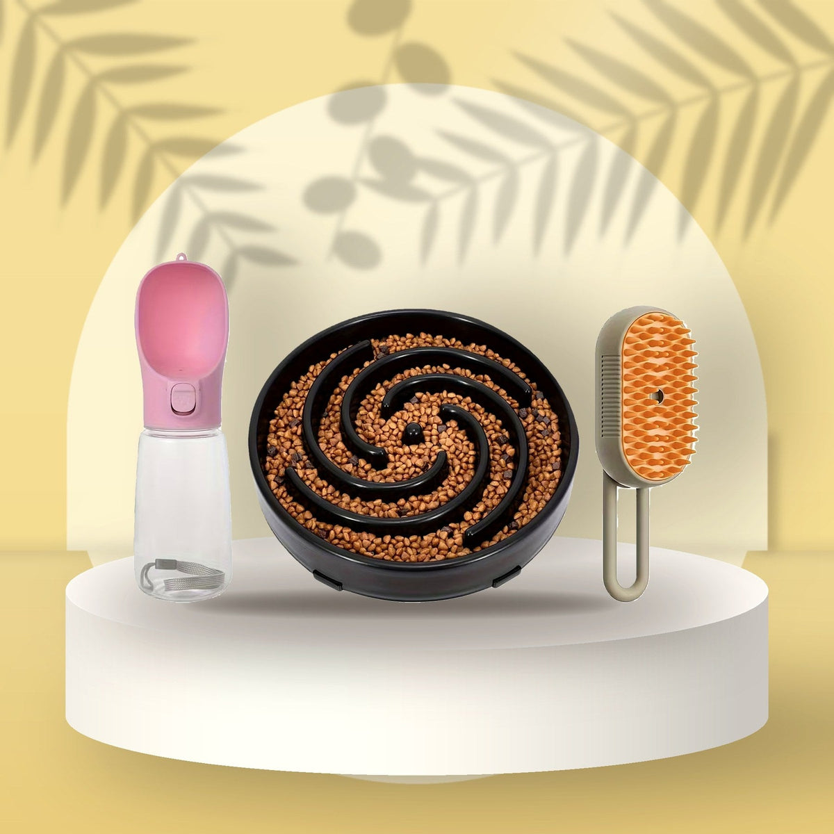 Water bottle, spiral bowl and steam brush on a butter-yellow podium