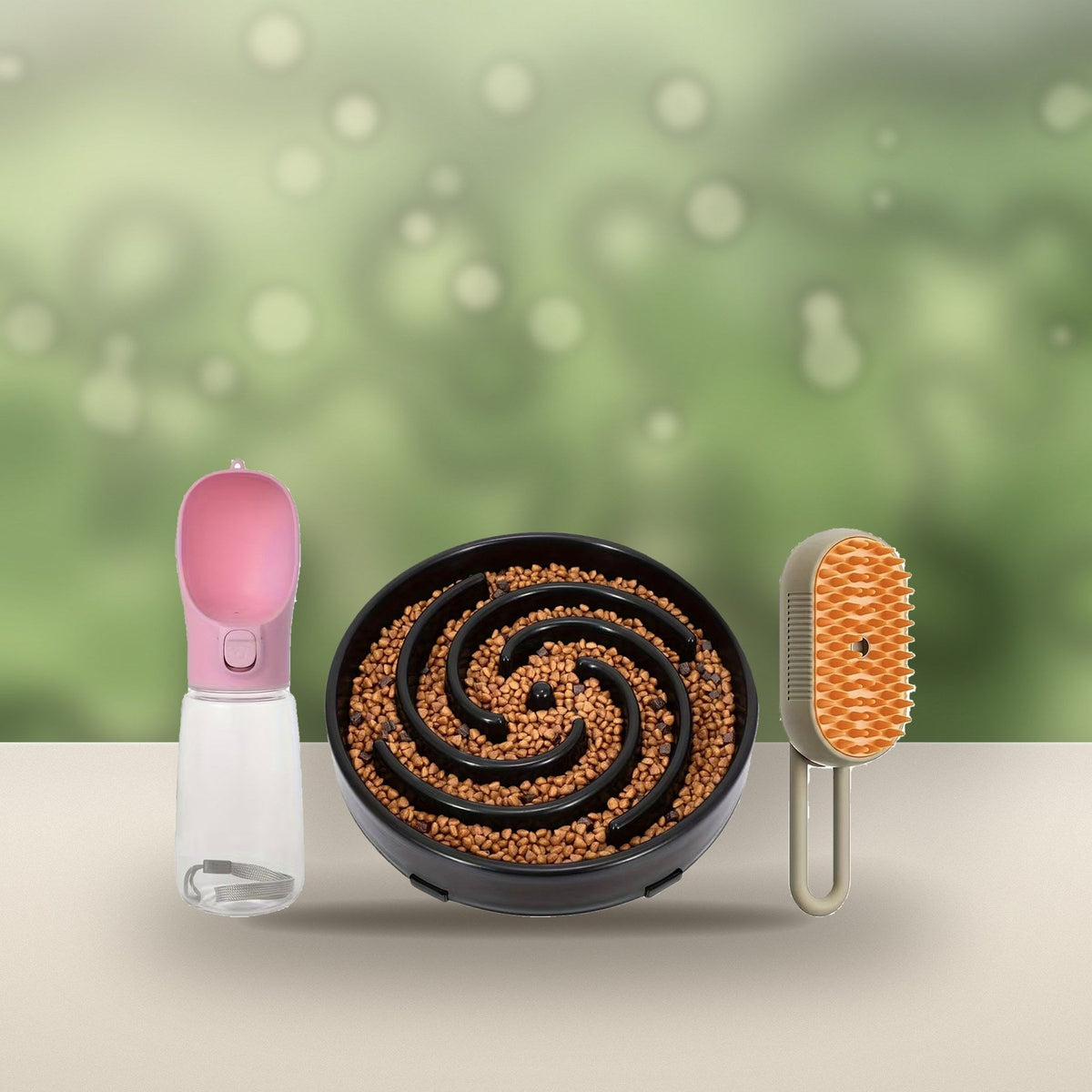 Water bottle, spiral bowl and steam brush on a garden table