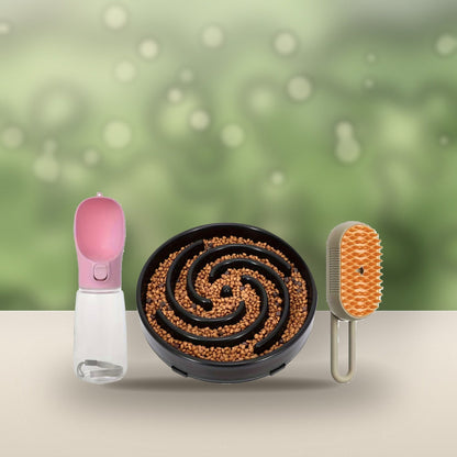 Water bottle, spiral bowl and steam brush on a garden table