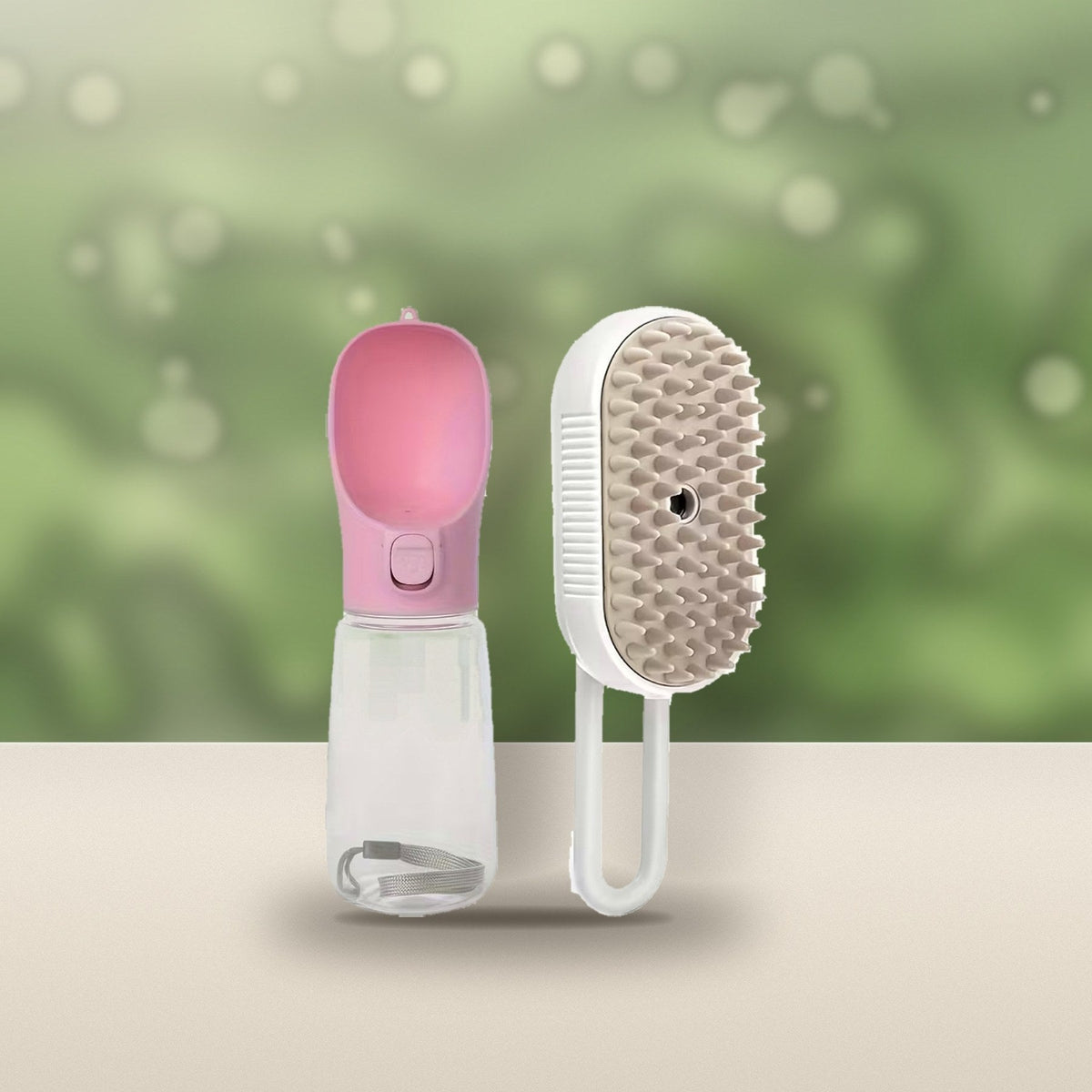 Water bottle and steam brush on a garden table