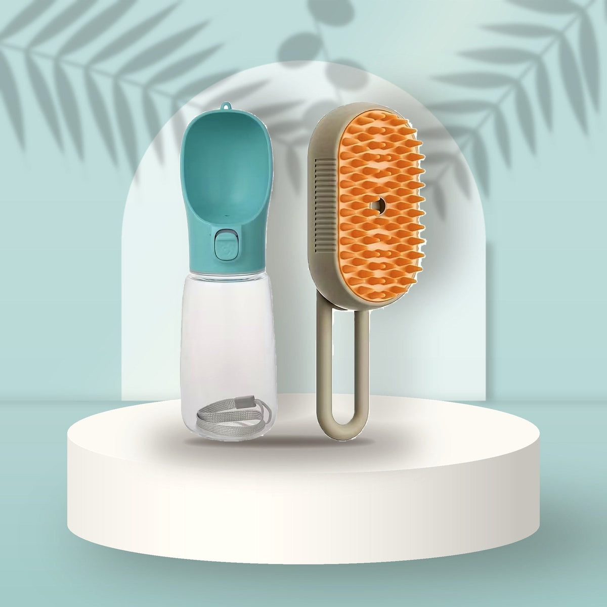 Water bottle and steam brush on a sky-blue podium