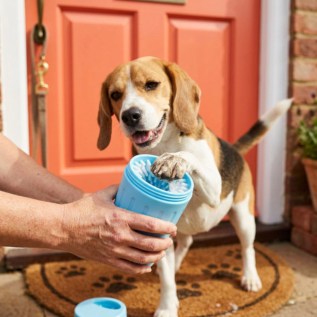 Cleaning a muddy paw at the door