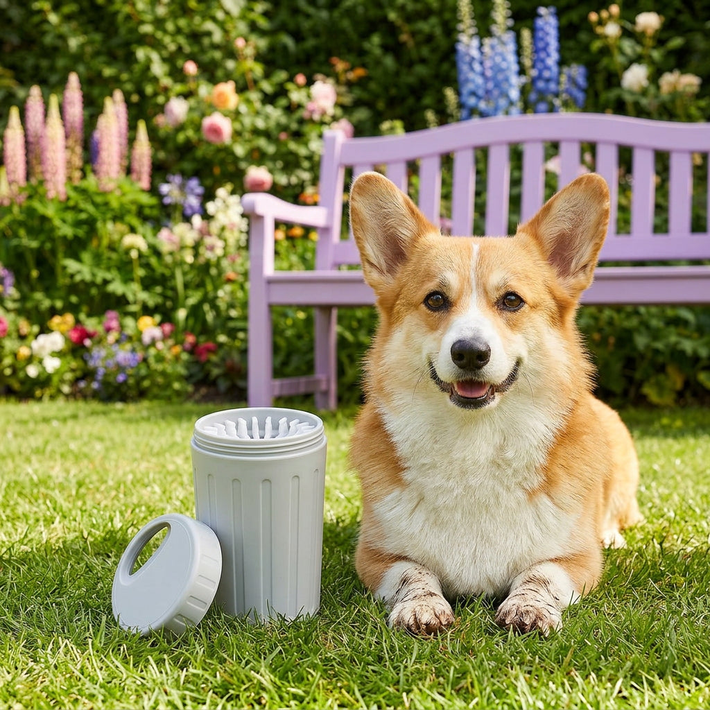 Grey Paw Cleaner on a lawn next to a corgi