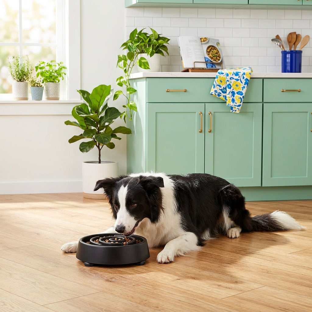 Dog eating from the spiral bowl