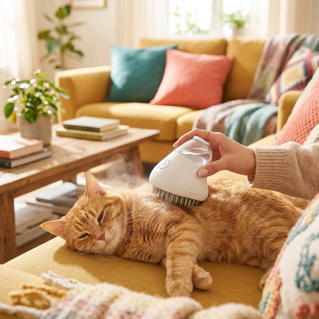 Brushing a cat with the steam brush