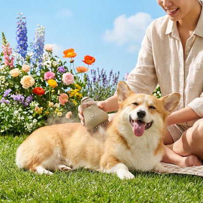 Brushing a corgi with the khaki Steam Grooming Brush in the garden