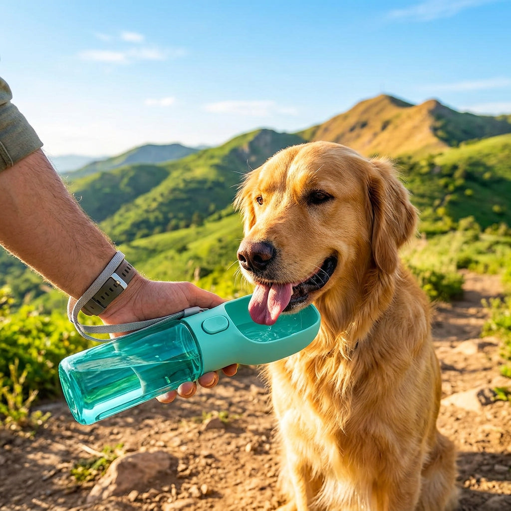 Dog drinking from the water bottle on a hike